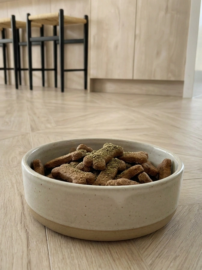 Plaque-Less powder sprinkled over dog food bowl