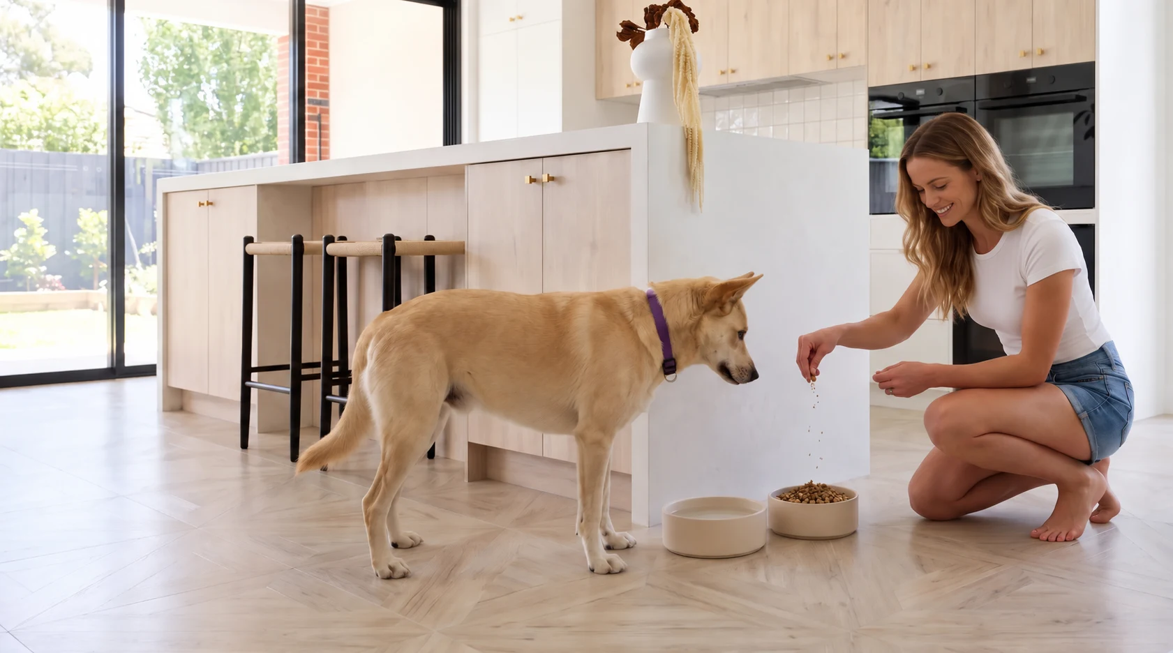 Lana sprinkling Plaque-Less Dog Dental Powder into Ash's food bowl