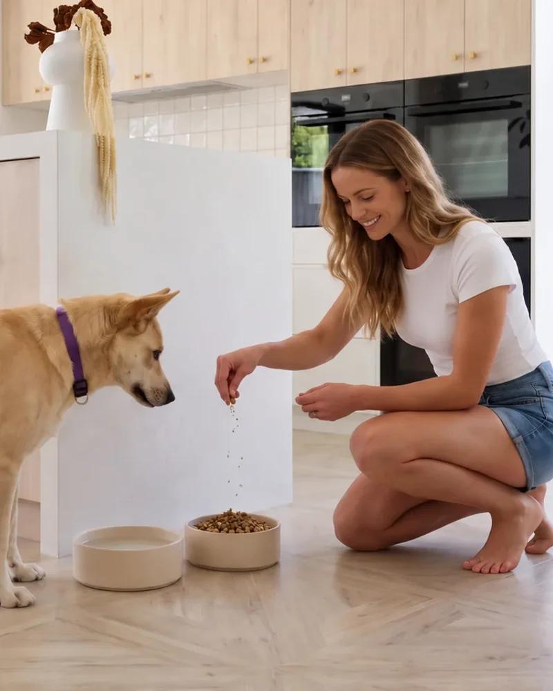 Lana sprinkling Plaque-Less into Ash's food bowl